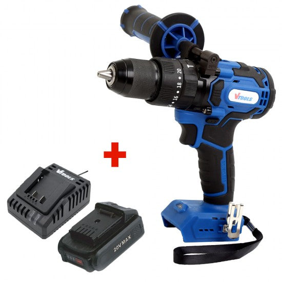 VTOOLS VT1203-20V Cordless Brushless Hammer Impact Drill With 2 Batteries and Charger 1 year warranty