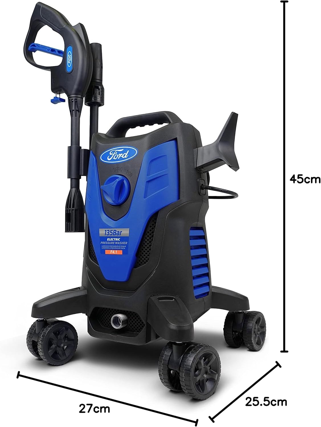 Ford 135 bar 1650 watt compact follow-me electric pressure washer,5 meter hose & soap dispenser, auto stop system, four quick-lock wheels, pressure washer for car, home & garden, f4.1- Blue