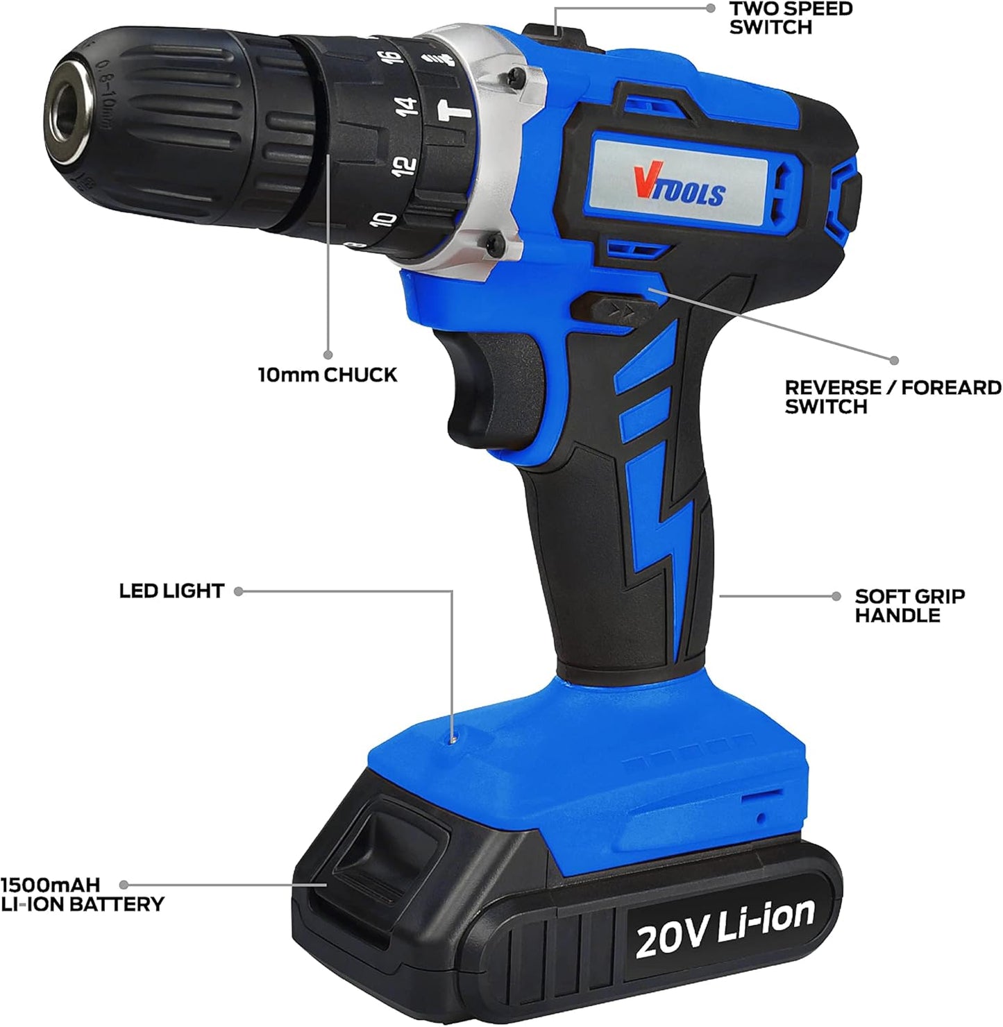 VTOOLS VT1211 20V Cordless Impact Drill With 2 Batteries & 1 Charger, 2-Variable Speed, 10mm Keyless Chuck, 18+1 Torque Setting, BMC Case, Drill Kit for Wood, Concrete, & Plastic, 2 Years Warranty