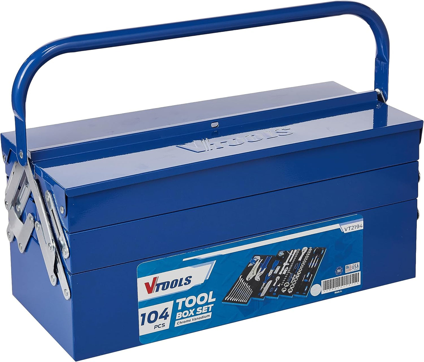 VTOOLS VT2194 Multi-Purpose 104 Pcs Tool Kit in Folding Tool Box, 3 Layer & 5 Tray Tool Organizer Box
