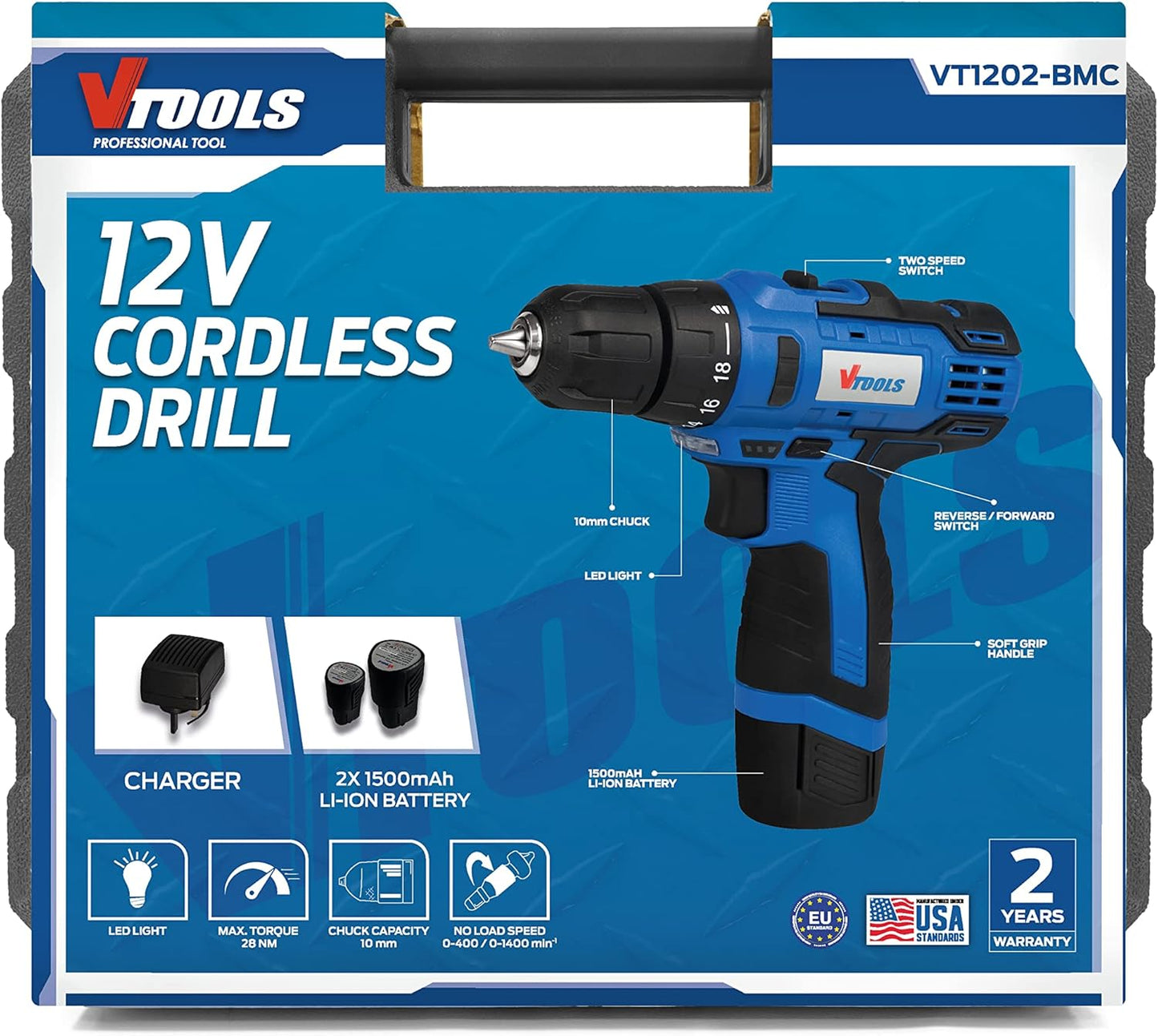 VTOOLS 12V Cordless Drill Driver Kit, 400-1400 RPM, Dual Speed with 2 Lithium-Ion Batteries 1.5 Ah, Powerful 28NM Torque, 10mm Chuck for Efficient Drilling & Fastening, 2 Years Warranty - VT1202-BMC