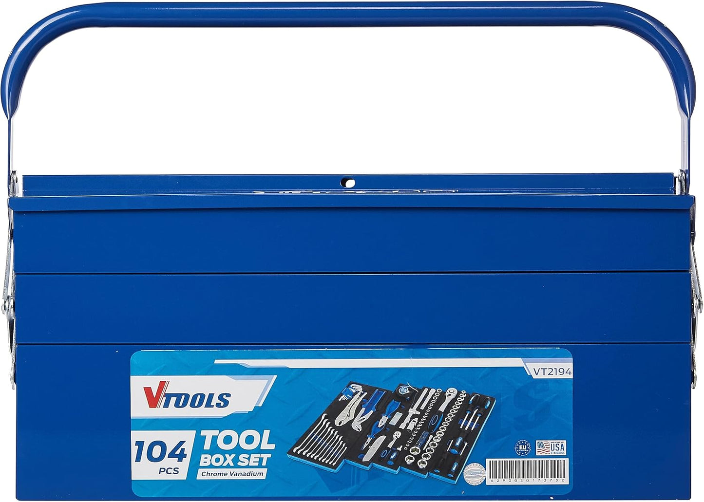 VTOOLS VT2194 Multi-Purpose 104 Pcs Tool Kit in Folding Tool Box, 3 Layer & 5 Tray Tool Organizer Box