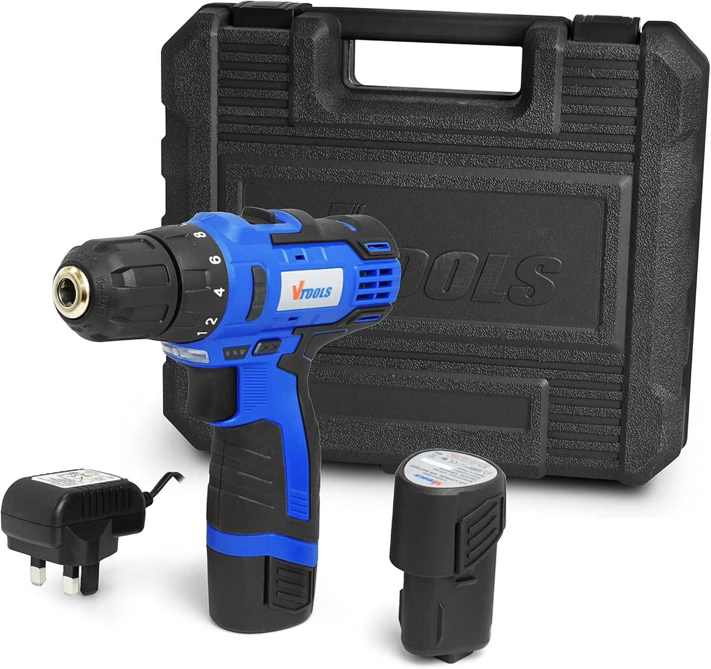 VTOOLS 12V Cordless Drill Driver Kit, 400-1400 RPM, Dual Speed with 2 Lithium-Ion Batteries 1.5 Ah, Powerful 28NM Torque, 10mm Chuck for Efficient Drilling & Fastening, 2 Years Warranty - VT1202-BMC