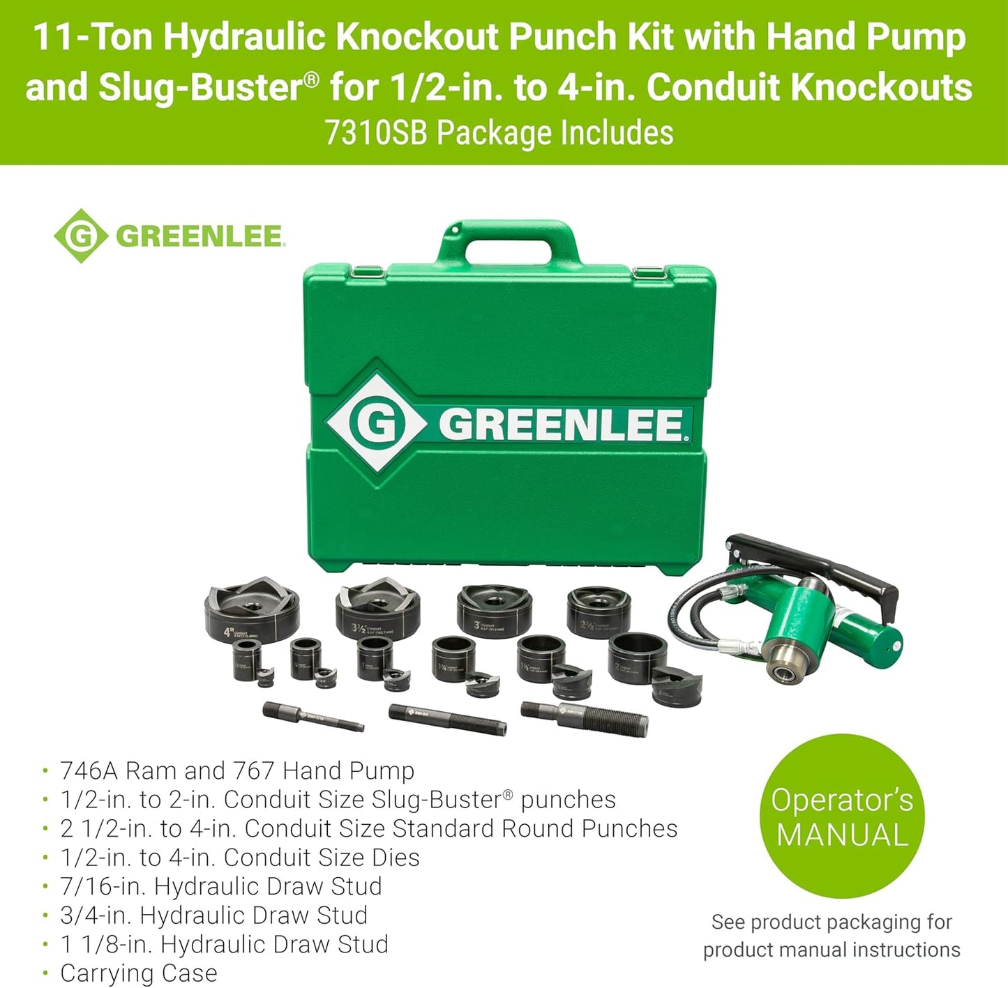 Greenlee 7310SB Ram and Hand Pump Hydraulic Driver Kit with 10 Slug Buster Punches USED