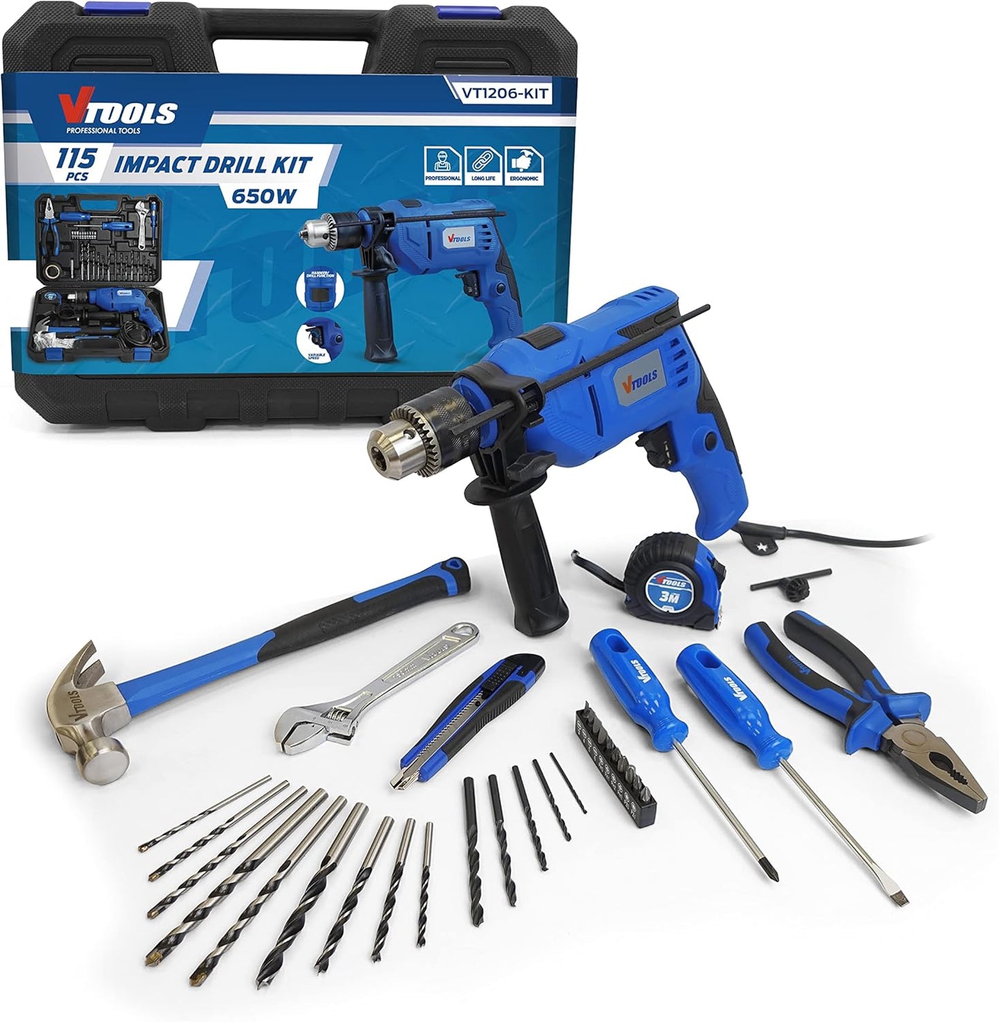 VTOOLS VT1206-KIT 115 Piece 650-Watt Impact Drill Driver & Home Tool Set, DIY Hand Tool Kits For Home, Office, Garden, Portable Storage Case, 2 Years Warranty