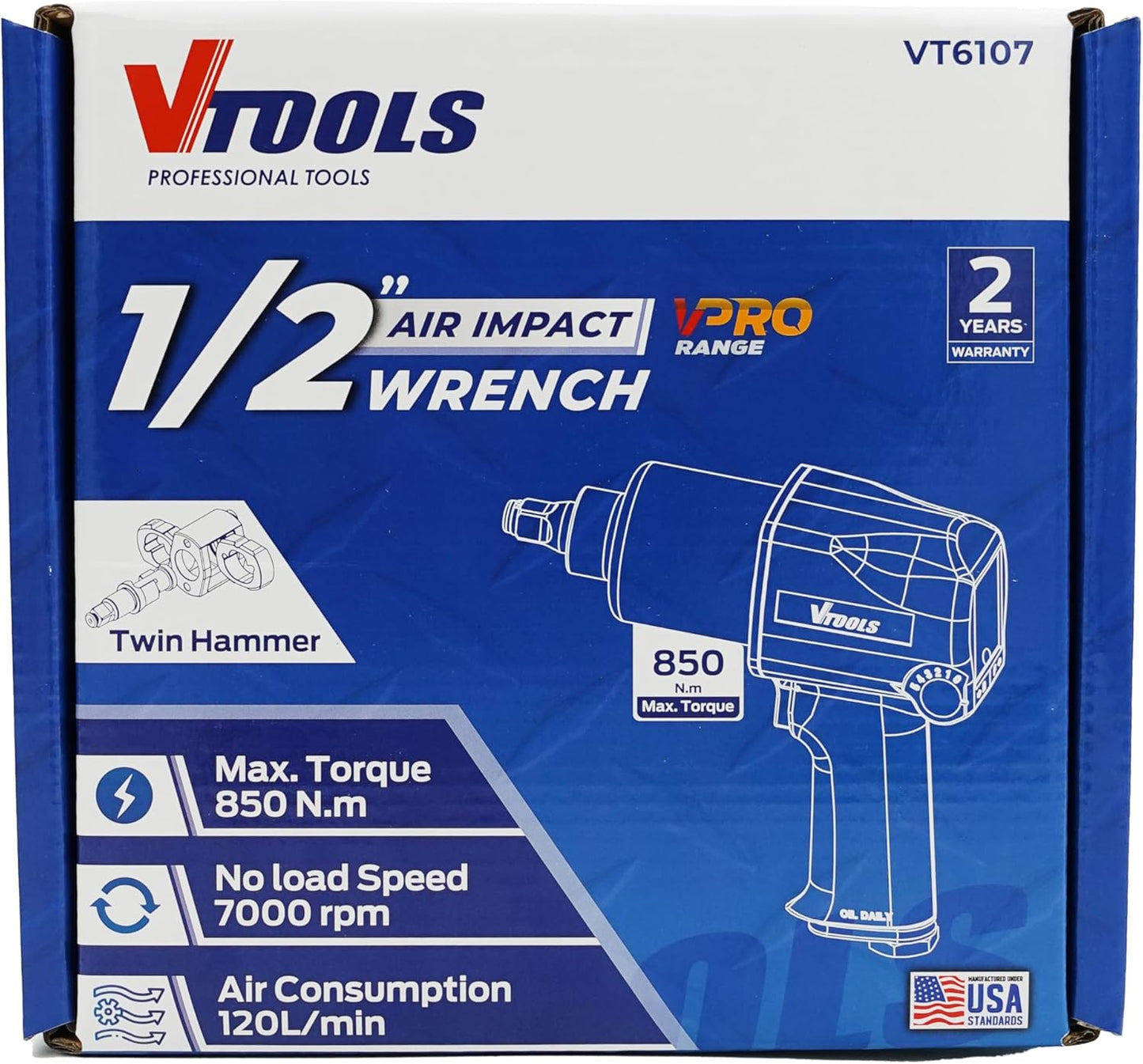 VTOOLS VT6107 Air Impact Wrench 1/2 Inch, Max Torque 850Nm, Up to 7000RPM, Twin Hammer, Lightweight, Heavy Duty Impact Gun for Auto Repair, Changing Tires and Automobile, 2 Years Warranty, blue,
