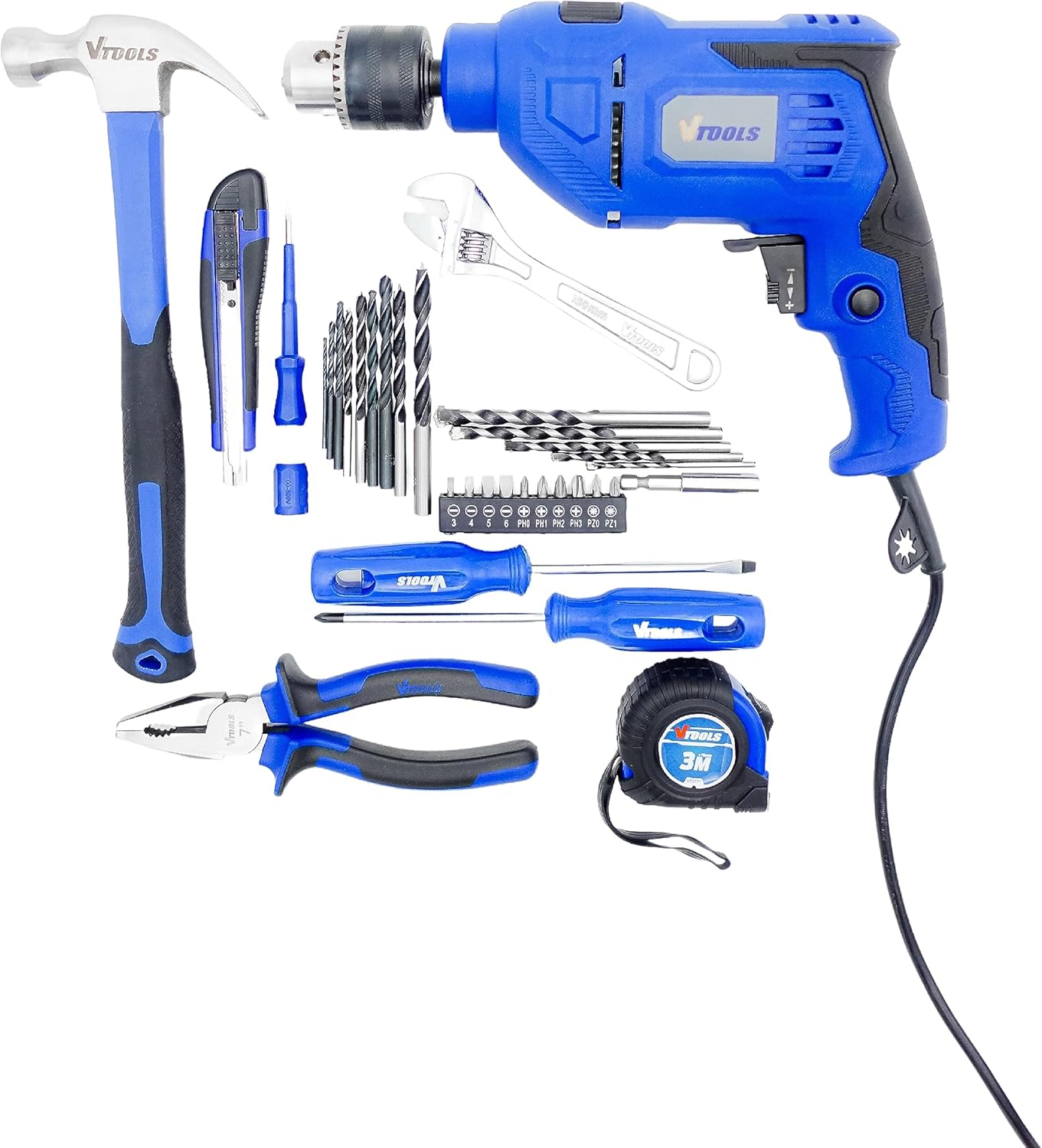 VTOOLS VT1206-KIT 115 Piece 650-Watt Impact Drill Driver & Home Tool Set, DIY Hand Tool Kits For Home, Office, Garden, Portable Storage Case, 2 Years Warranty