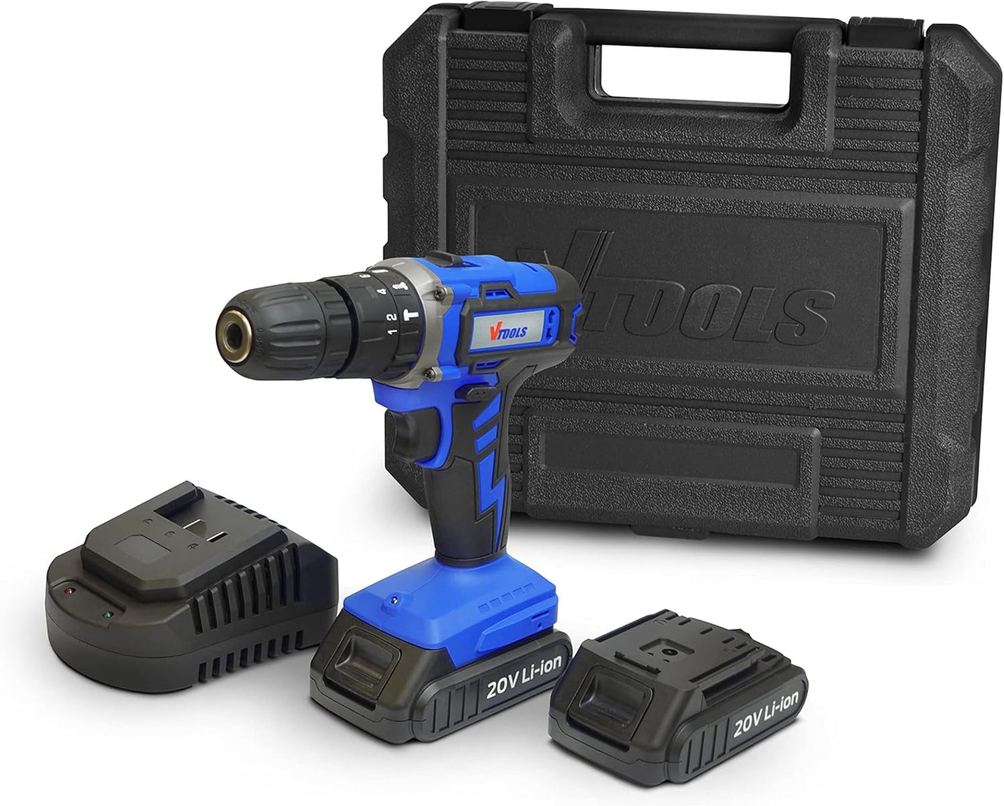 VTOOLS VT1211 20V Cordless Impact Drill With 2 Batteries & 1 Charger, 2-Variable Speed, 10mm Keyless Chuck, 18+1 Torque Setting, BMC Case, Drill Kit for Wood, Concrete, & Plastic, 2 Years Warranty
