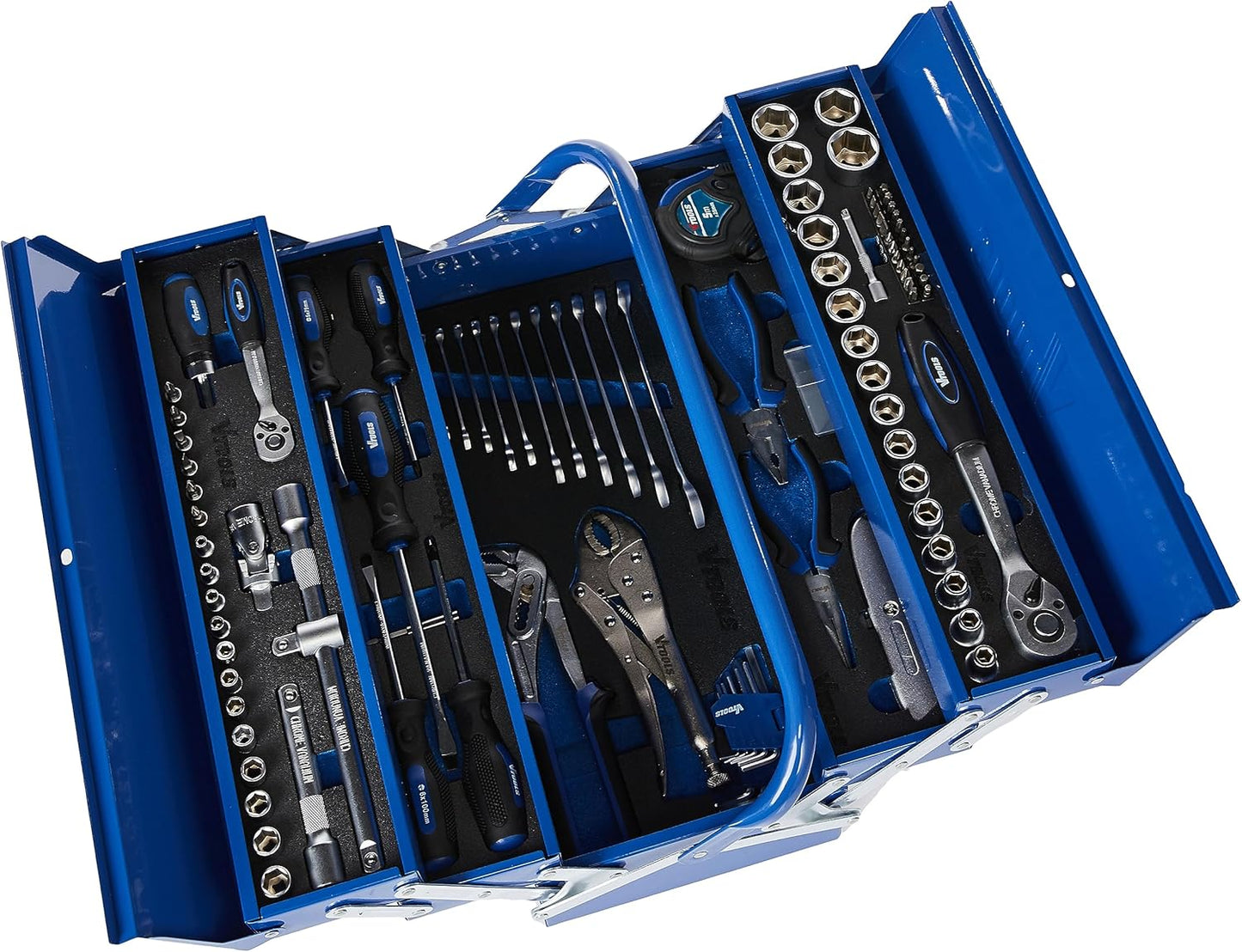 VTOOLS VT2194 Multi-Purpose 104 Pcs Tool Kit in Folding Tool Box, 3 Layer & 5 Tray Tool Organizer Box