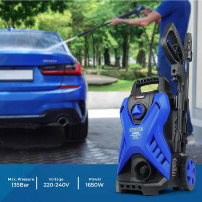 VTOOLS 135 Bar Electric Pressure Washer With 2 Wheels,5 Meter Hose & Soap Dispenser, 1650 Watt,Copper Motor,Auto Stop and Self Priming Mode, For Car, Home & Garden, Blue, VT1510