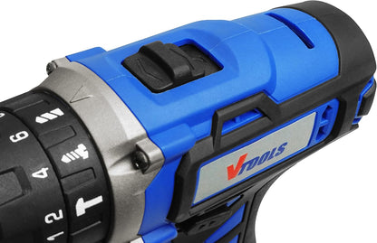 VTOOLS VT1211 20V Cordless Impact Drill With 2 Batteries & 1 Charger, 2-Variable Speed, 10mm Keyless Chuck, 18+1 Torque Setting, BMC Case, Drill Kit for Wood, Concrete, & Plastic, 2 Years Warranty