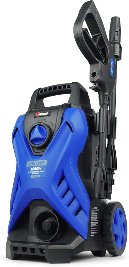 VTOOLS 135 Bar Electric Pressure Washer With 2 Wheels,5 Meter Hose & Soap Dispenser, 1650 Watt,Copper Motor,Auto Stop and Self Priming Mode, For Car, Home & Garden, Blue, VT1510