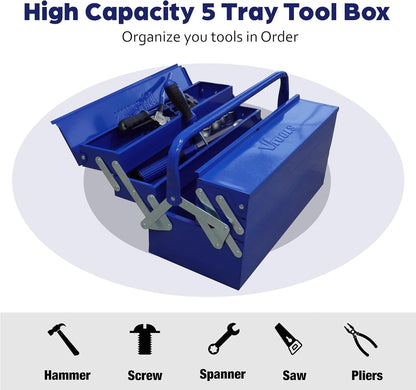 VTOOLS 5 Tray Metal Tool Box, 18.5-Inch Tool Organizer with Single Handle, Portable Storage Solution for Tools and Accessories, Blue, VT2272