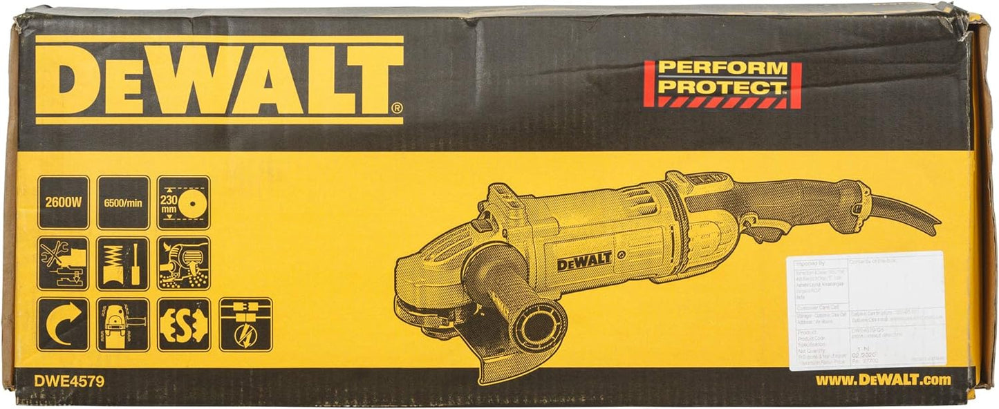 DEWALT DWE4579 2600W 230mm Large Angle Grinder with DES Techology and Innovative Anti Vibration System- Perform and Protect Shield