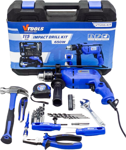 VTOOLS VT1206-KIT 115 Piece 650-Watt Impact Drill Driver & Home Tool Set, DIY Hand Tool Kits For Home, Office, Garden, Portable Storage Case, 2 Years Warranty